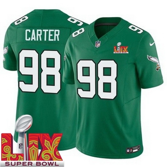 Men's Philadelphia Eagles Jalen Carter #98 Kelly Green 2024 2025 Super Bowl LIX F U S E Stitched NFL Jersey - Ujersey