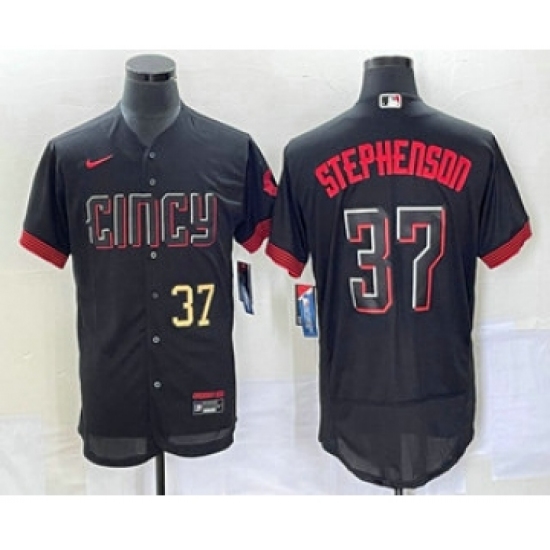 Men's Cincinnati Reds #37 Tyler Stephenson Number Black 2023 City Connect Flex Base Stitched Jersey 1 - Ujersey