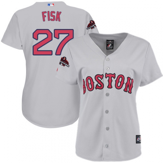 Women's Majestic Boston Red Sox #27 Carlton Fisk Authentic Grey Road 2018 World Series Champions MLB Jersey - Ujersey