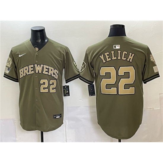 Men's Milwaukee Brewers #22 Christian Yelich Olive 2026 Armed Forces Day Stitched Baseball Jersey - Ujersey