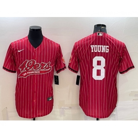 Men's San Francisco 49ers #8 Steve Young Red Pinstripe With Patch Cool Base Stitched Baseball Jersey - Ujersey