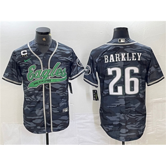 Men's Philadelphia Eagles #26 Saquon Barkley Gray Camo With 3-star C Cool Base Baseball Stitched Jersey - Ujersey