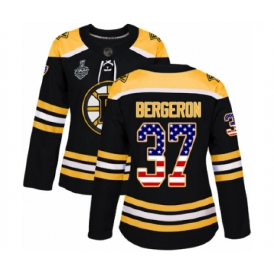 Women's Boston Bruins #37 Patrice Bergeron Authentic Black USA Flag Fashion 2019 Stanley Cup Final Bound Hockey Jersey - Ujersey