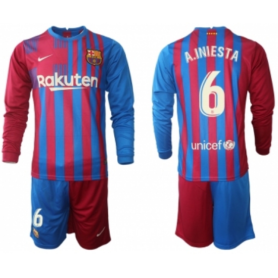 Men 2021-2022 Club Barcelona home red blue Long Sleeve 6 Nike Soccer Jersey