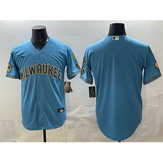 Men's Milwaukee Brewers Blank Blue With Home & Bob Uecker Stitched Baseball Jersey - Ujersey