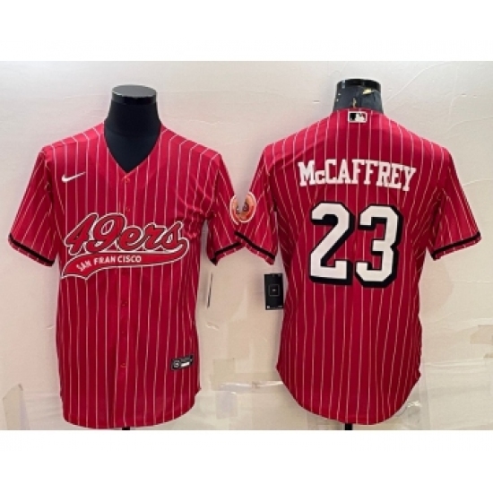 Men's San Francisco 49ers #23 Christian McCaffrey Red Pinstripe Color Rush With Patch Cool Base Stitched Baseball Jersey - Ujersey
