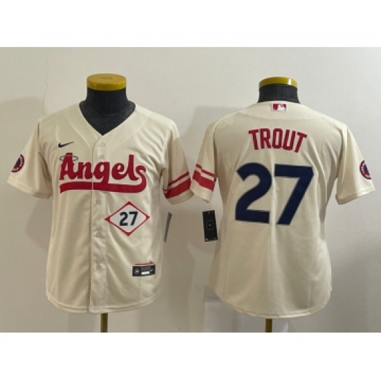 Youth Los Angeles Angels #27 Mike Trout Number Cream 2022 City Connect Cool Base Stitched Jersey - Ujersey