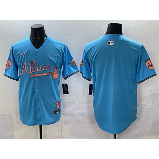 Men's Atlanta Braves Blank Blue 2024 Atliens & Peach With Outkast Vapor Limited Stitched Baseball Jersey - Ujersey