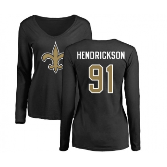 Football Women's New Orleans Saints #91 Trey Hendrickson Black Name & Number Logo Slim Fit Long Sleeve T-Shirt - Ujersey
