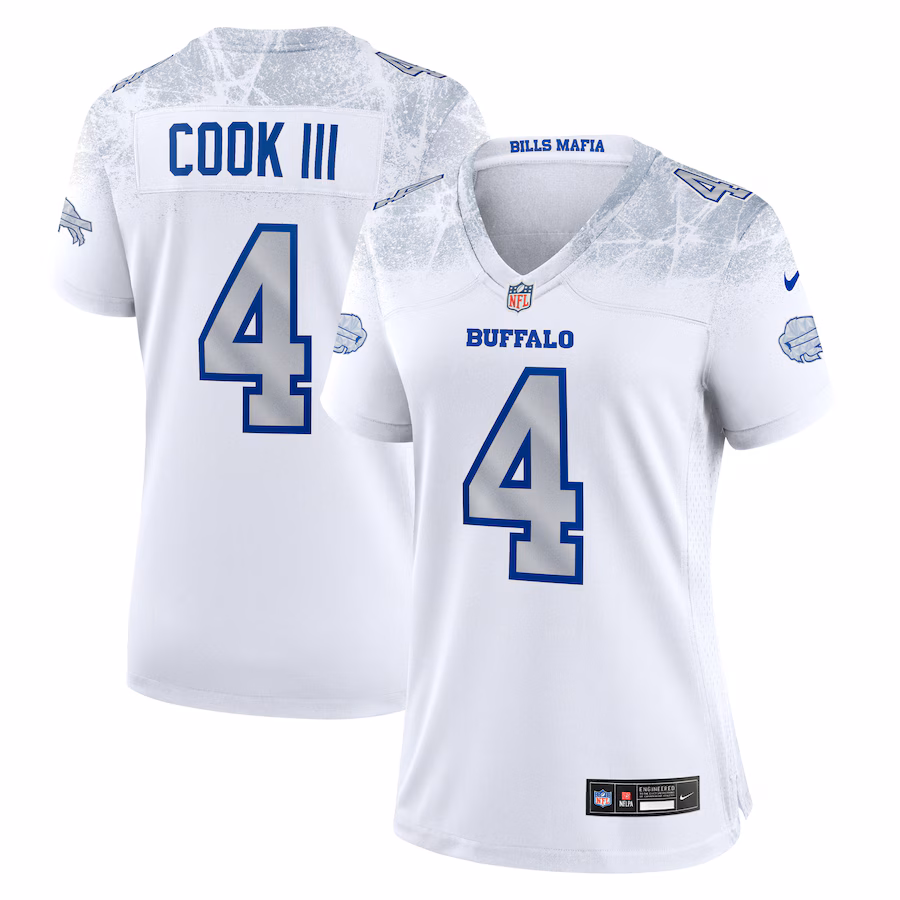 Women's Buffalo Bills James Cook III Nike White 2025 Rivalries Collection Game Jersey - Ujersey
