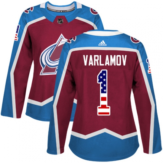 Women's Adidas Colorado Avalanche #1 Semyon Varlamov Authentic Burgundy Red USA Flag Fashion NHL Jersey