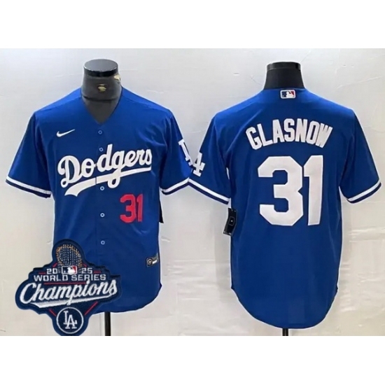 Men's Los Angeles Dodgers 31 Tyler Glasnow Cool Base 2025 World Champions Stitched Baseball Jersey Blue - Ujersey