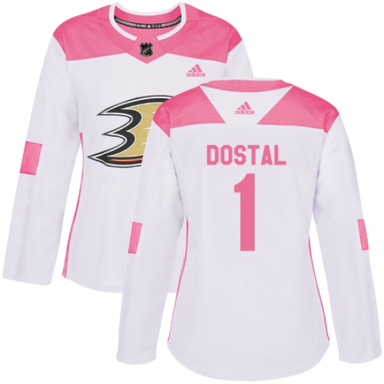 Women's Adidas Anaheim Ducks #1 Lukas Dostal Authentic White Pink Fashion NHL Jersey