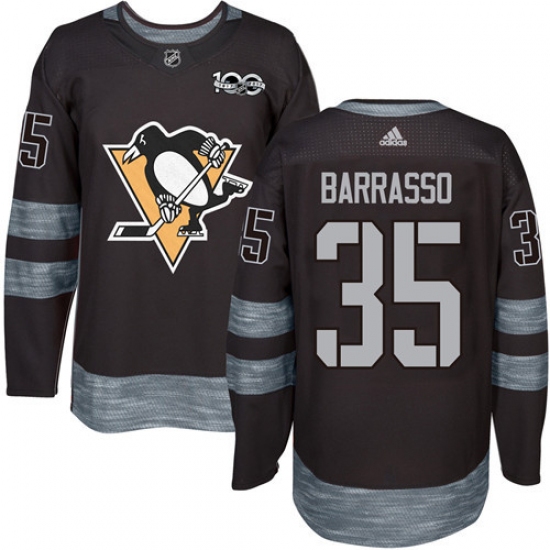 Men's Adidas Pittsburgh Penguins #35 Tom Barrasso Authentic Black 1917-2017 100th Anniversary NHL Jersey - Ujersey