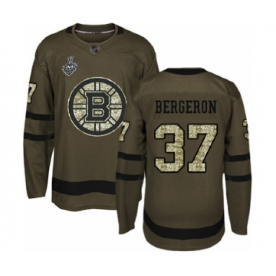 Youth Boston Bruins #37 Patrice Bergeron Authentic Green Salute to Service 2019 Stanley Cup Final Bound Hockey Jersey