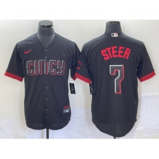 Men's Nike Cincinnati Reds #7 Spencer Steer Black 2023 City Connect Cool Base Stitched Baseball Jersey 1 - Ujersey