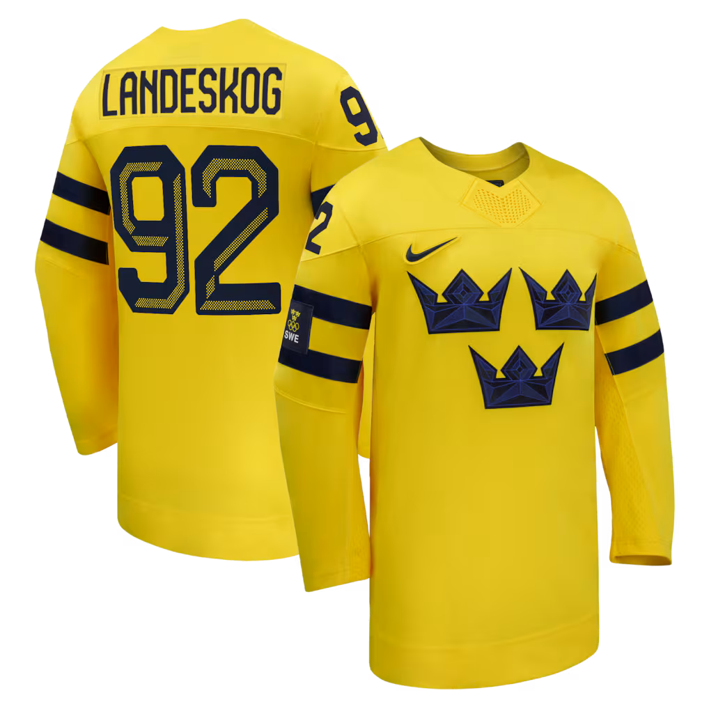 Men's Sweden Hockey Gabriel Landeskog Nike Yellow 2026 Away Replica Jersey - Ujersey Shop
