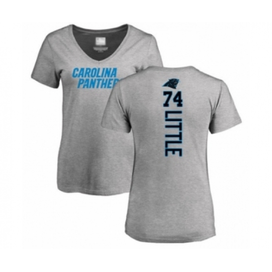 Football Women's Carolina Panthers #74 Greg Little Ash Backer V-Neck T-Shirt - Ujersey