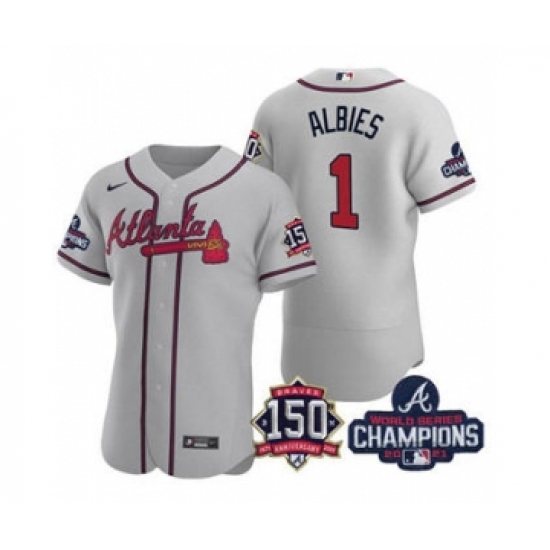 Men's Atlanta Braves #1 Ozzie Albies 2021 Gray World Series Champions With 150th Anniversary Flex Base Stitched Jersey - Ujersey