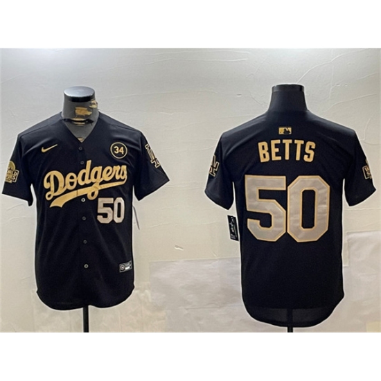 Men's Los Angeles Dodgers #50 Mookie Betts Black Gold 2024 World Series With No. 34 Limited Stitched Baseball Jersey