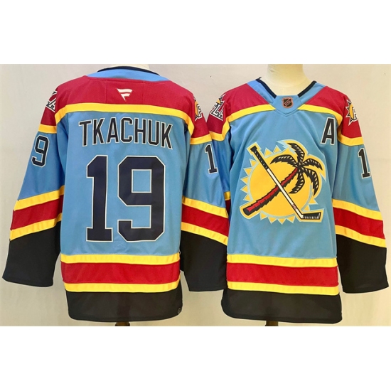 Men's Florida Panthers #19 Matthew Tkachuk Blue 2024-25 Reverse Retro With A Stitched Hockey Jersey - Ujersey