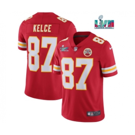 Men’s Kansas City Chiefs #87 Travis Kelce Red Super Bowl LVII Patch Vapor Untouchable Limited Stitched Jersey - Ujersey