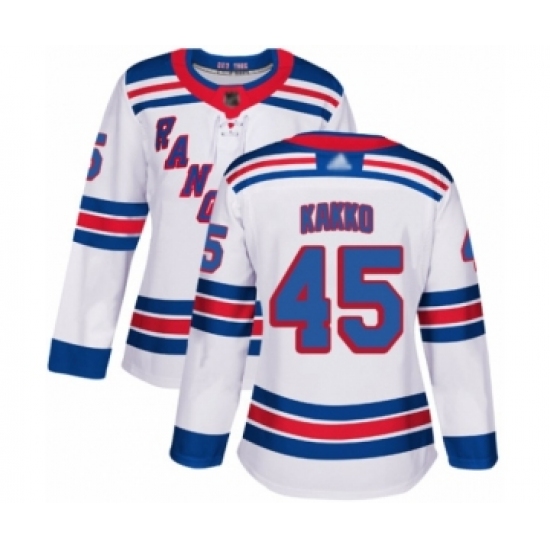 Women's New York Rangers #45 Kaapo Kakko Authentic White Away Hockey Jersey