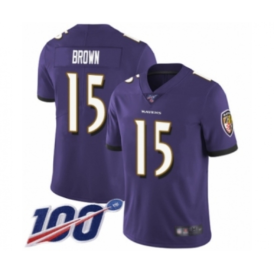 Men's Baltimore Ravens #15 Marquise Brown Purple Team Color Vapor Untouchable Limited Player 100th Season Football Jersey - Ujersey