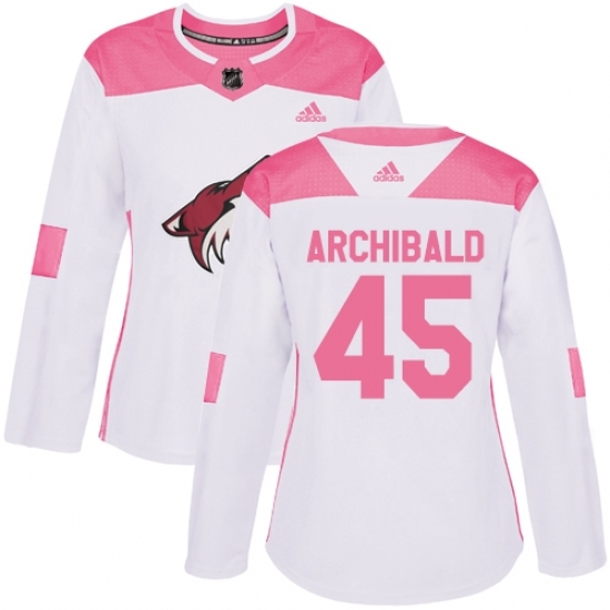Women's Adidas Arizona Coyotes #45 Josh Archibald Authentic White Pink Fashion NHL Jersey - Ujersey