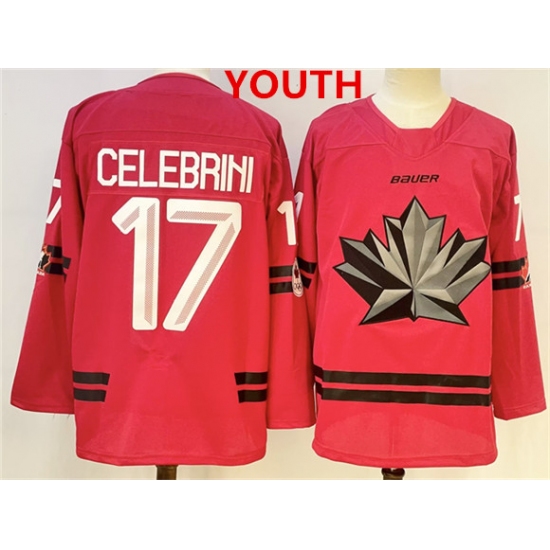 Youth Canada Hockey #17 Macklin Celebrini Red 2026 Olympics Stitched Jersey