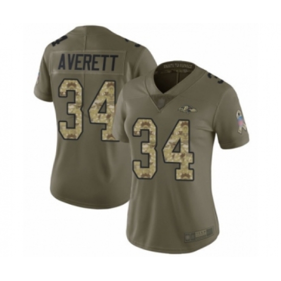 Women's Baltimore Ravens #34 Anthony Averett Limited Olive Camo Salute to Service Football Jersey - Ujersey