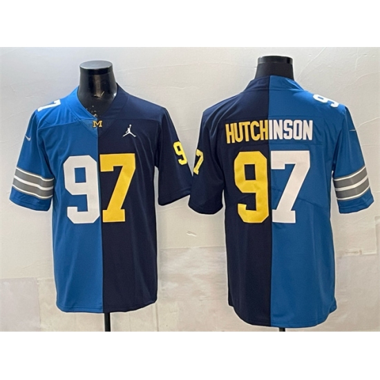 Men's Detroit Lions X Wolverines #97 Aidan Hutchinson Blue Navy Split Vapor Limited Stitched Jersey - Ujersey