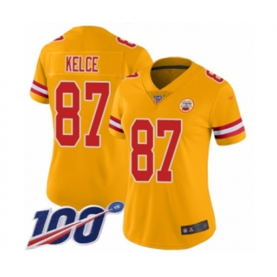 Women's Kansas City Chiefs #87 Travis Kelce Limited Gold Inverted Legend 100th Season Football Jersey - Ujersey