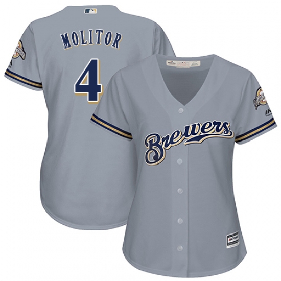 Women's Majestic Milwaukee Brewers #4 Paul Molitor Authentic Grey Road Cool Base MLB Jersey - Ujersey