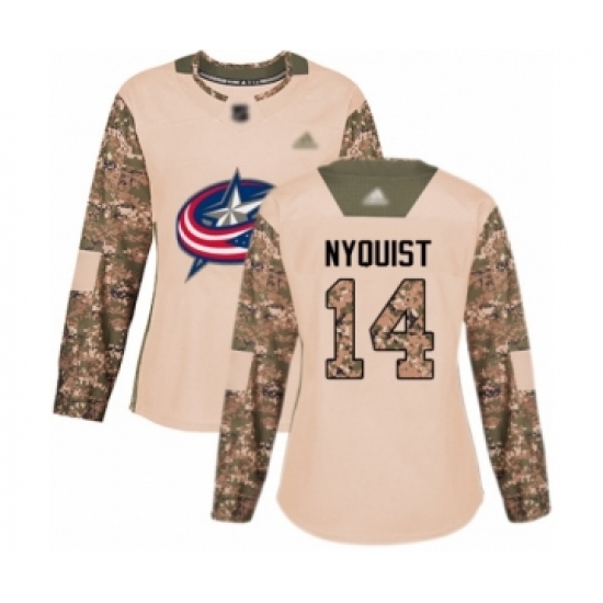 Women's Columbus Blue Jackets #14 Gustav Nyquist Authentic Camo Veterans Day Practice Hockey Jersey