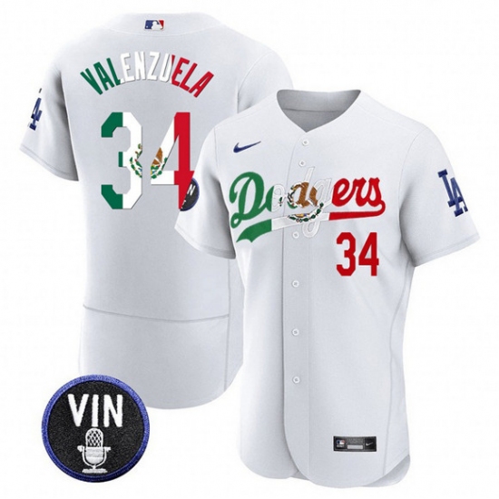 Men's Los Angeles Dodgers #34 Fernando Valenzuela White Mexico Special Vin Scully Flex Base Stitched Baseball Jersey - Ujersey