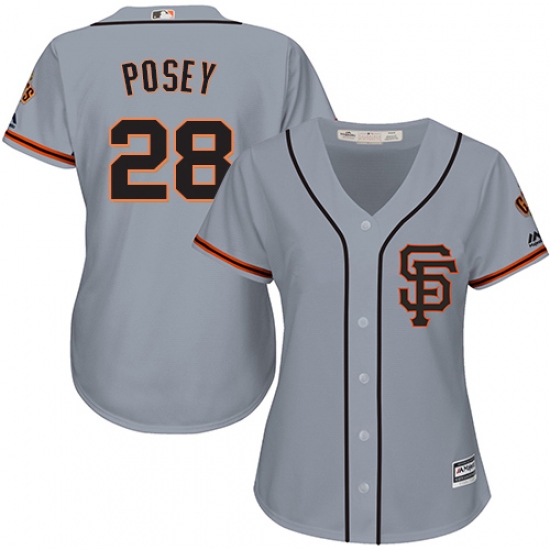 Women's Majestic San Francisco Giants #28 Buster Posey Replica Grey Road 2 Cool Base MLB Jersey - Ujersey