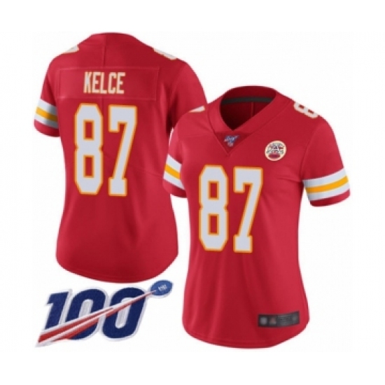 Women's Nike Kansas City Chiefs #87 Travis Kelce Red Team Color Vapor Untouchable Limited Player 100th Season NFL Jersey - Ujersey