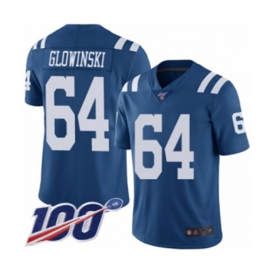 Men's Indianapolis Colts #64 Mark Glowinski Limited Royal Blue Rush Vapor Untouchable 100th Season Football Jersey - Ujersey