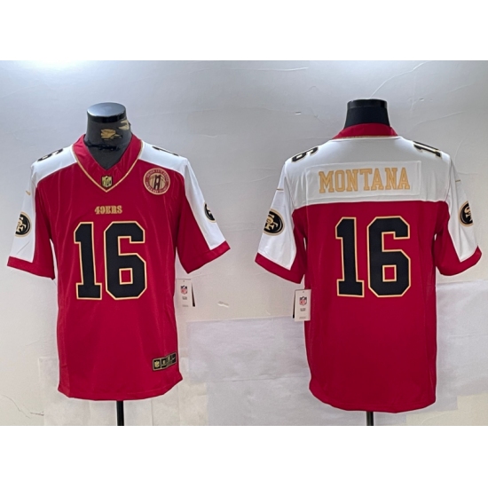 Men's San Francisco 49ers #16 Joe Montana Red Gold FUSE Gate Bridge Vapor Limited Stitched Jersey - Ujersey