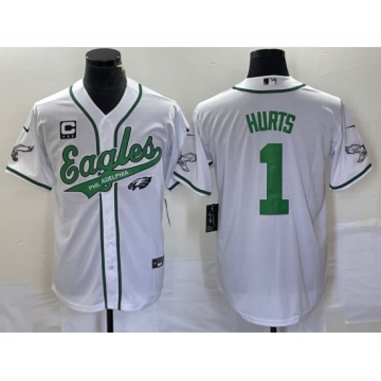 Men's Nike Philadelphia Eagles #1 Jalen Hurts White C Cool Base Stitched Baseball Jersey1 - Ujersey