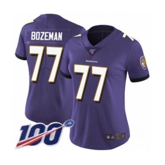Women's Baltimore Ravens #77 Bradley Bozeman Purple Team Color Vapor Untouchable Limited Player 100th Season Football Jersey - Ujersey