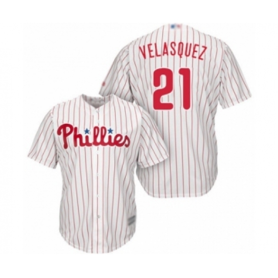 Youth Philadelphia Phillies #21 Vince Velasquez Authentic White Red Strip Home Cool Base Baseball Player Jersey