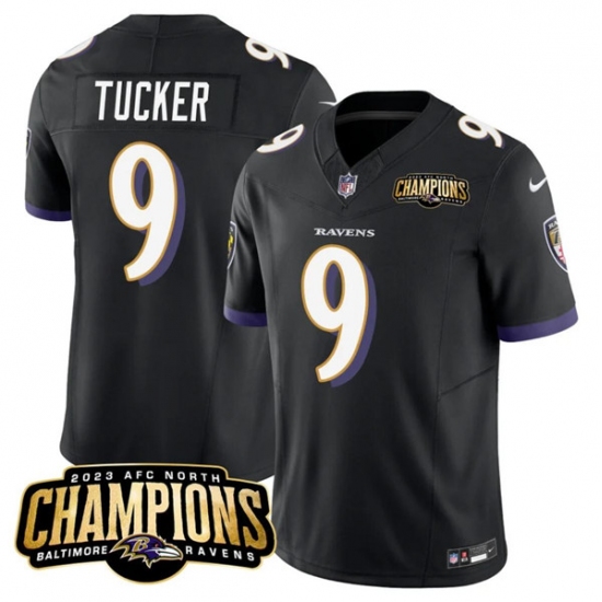 Men's Baltimore Ravens #9 Justin Tucker Black 2023 F.U.S.E. AFC North Champions Vapor Limited Football Stitched Jersey - Ujersey