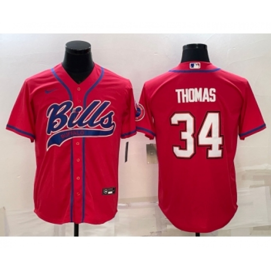 Men's Buffalo Bills #34 Thurman Thomas Red With Patch Cool Base Stitched Baseball Jersey - Ujersey