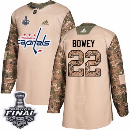 Men's Adidas Washington Capitals #22 Madison Bowey Authentic Camo Veterans Day Practice 2018 Stanley Cup Final NHL Jersey - Ujersey
