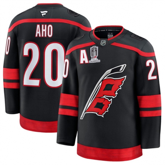 Men's Carolina Hurricanes #20 Sebastian Aho Black 2026 Stanley Cup Champions And A Home Stitched Hockey Jersey - Ujersey