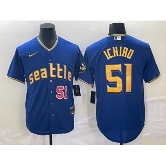 Men's Seattle Mariners #51 Ichiro Suzuki Number Blue 2023 City Connect Cool Base Stitched Jersey1 - Ujersey