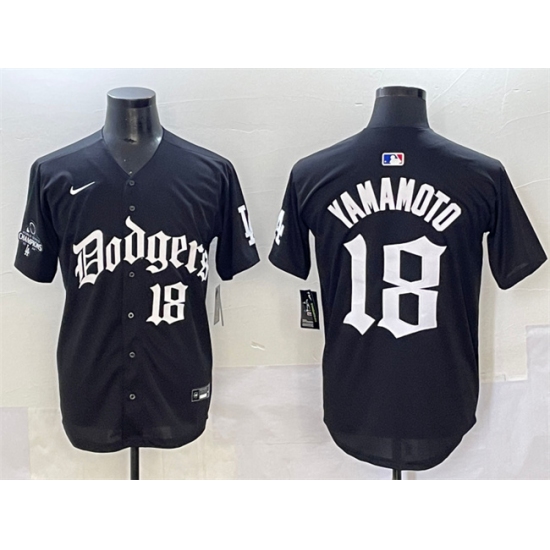 Men's Los Angeles Dodgers #18 Yoshinobu Yamamoto Black 2025 LA Gothic Style With 2024 World Series Champions Vapor Premier Limited Stitched Baseball Jersey - Ujersey
