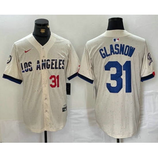 Men's Los Angeles Dodgers #31 Tyler Glasnow Number Cream Blue 2024 City Connect Limited Stitched Jersey